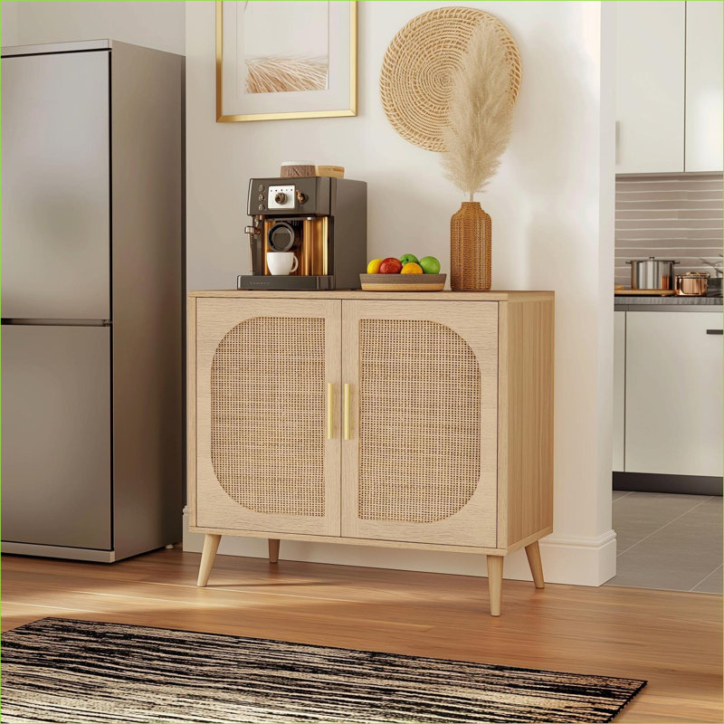 Armoires avec rangement, 2 portes en rotin et amp; 4 tablettes | Buffet de campagne naturel moderne | L 31,5 po x l 11,8 po x H 28,1 po | Panneau de particules | Couloir