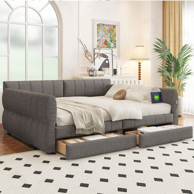 Queen Size Upholstered Platform Bed with USB and 2 Drawers