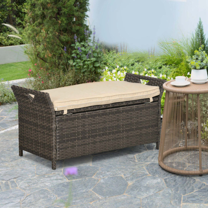 27 Gallon Patio Wicker Storage Bench, Outdoor PE Rattan Patio Furniture, 2-In-1 Large Capacity Rectangle Garden Storage Box With Handles And Cushion, Cream White