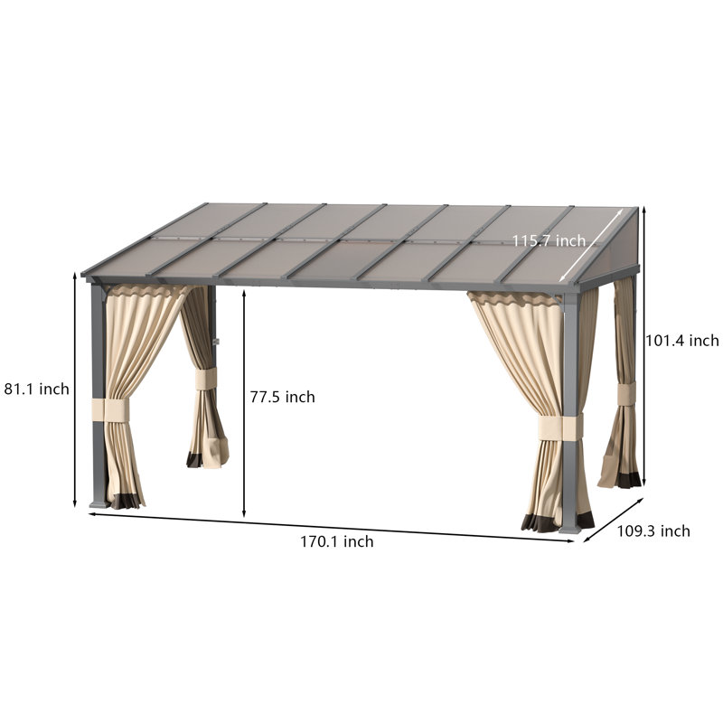 Modern Outdoor Slant-Top Hardtop Gazebo With Black Metal Frame And Curtains, 101.4" H x 340.2" W x 115.7" D