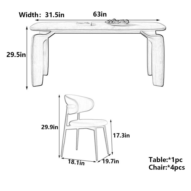 Modern Nordic Rectangular Dining Table, 29.5"H x 63"L x 31.5"W