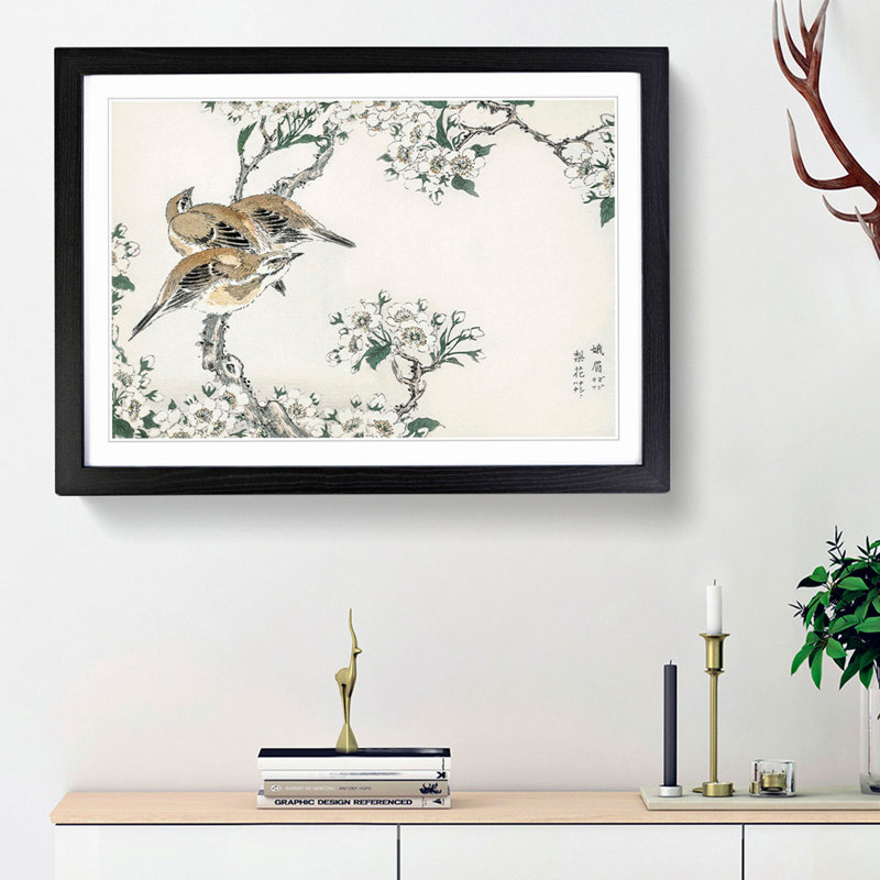 Meadow Bunting Birds & Pear Flowers by Numata Kashu - Picture Frame Painting Print, 48cm H x 65cm W x 2cm D, Black Framed