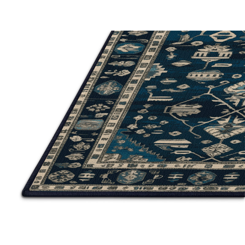 Tapis bleu turc lavable à la machine, Rond 6 pi
