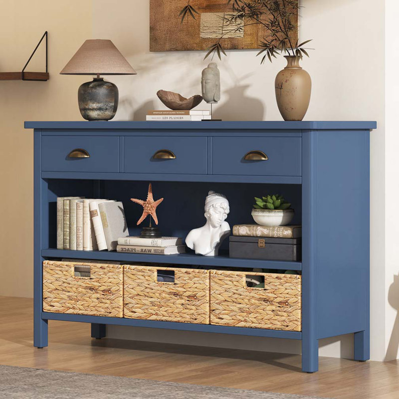 Console rétro avec 3 tiroirs de rangement, table d'entrée avec 3 paniers tissés jacinthe d'eau
