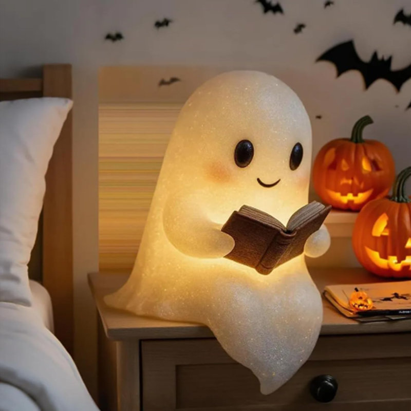 Veilleuse fantôme mignon lisant un livre, lampe figurine fantôme en résine, lampe décorative d'Halloween à lumière chaude pour chambre, bibliothèque, foyer et table de fête, cadeau d'Halloween