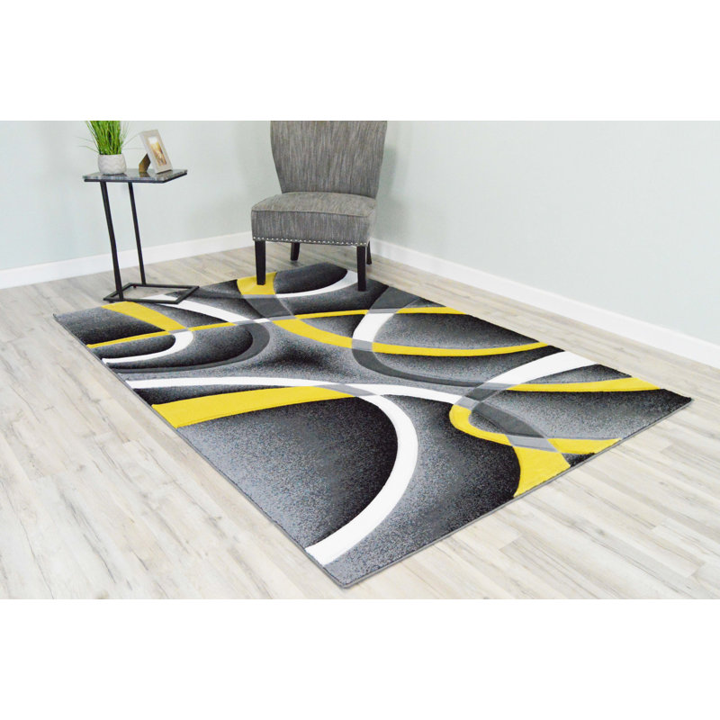 Tapis abstrait gris / jaune Mccampbell, Rectangle 10 pi x 13 pi