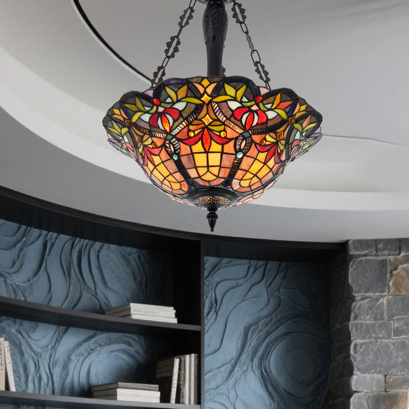 Lustre suspendu en verre coloré rétro de style Tiffany à 3 lumières - Plafonnier coloré avec douilles E26 pour la salle à manger ou le vestibule