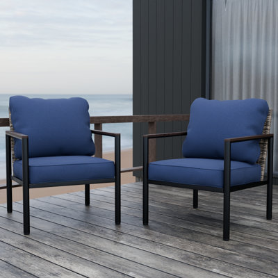 Outdoor Wicker Dining Chair in Steel Frame with Cushions(Set of 2)