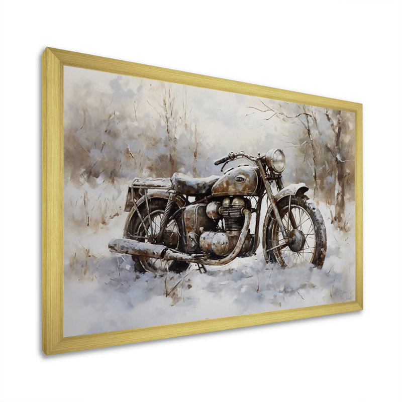 «Old Rustic Bike In Winter - Moto, art mural sur toile, Cadre doré simple, H 30 po x l 40 po x P 1,5 po
