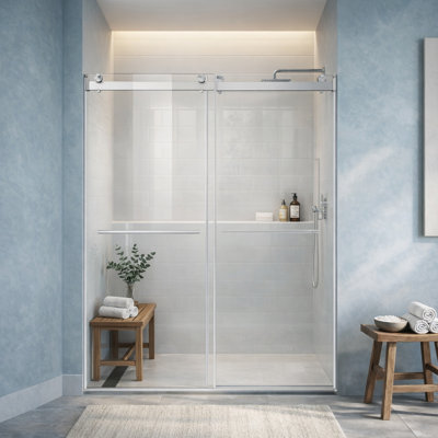 Porte de douche coulissante de 56 à 60 po x H 76 po Cayton avec verre trempé transparent et quincaillerie en nickel brossé Cayton