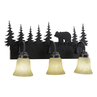 Luminaire de meuble-lavabo de salle de bain rustique en bronze bruni à 3 lumières de 24,75 po Homar, abat-jour en verre ambré, ours et arbres, à intensité variable, compatible avec DEL, fixation murale au-dessus du miroir