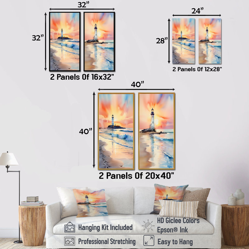 Plage, phare, coucher de soleil I - ensemble d'art mural sur toile Coastal Beach, H 40 po x l 41 po, Toile tendue