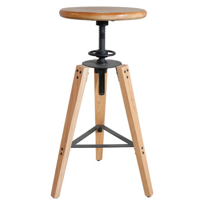 Minimalist Oak Wood Adjustable Bar Counter Stool, Natural Oak Wood