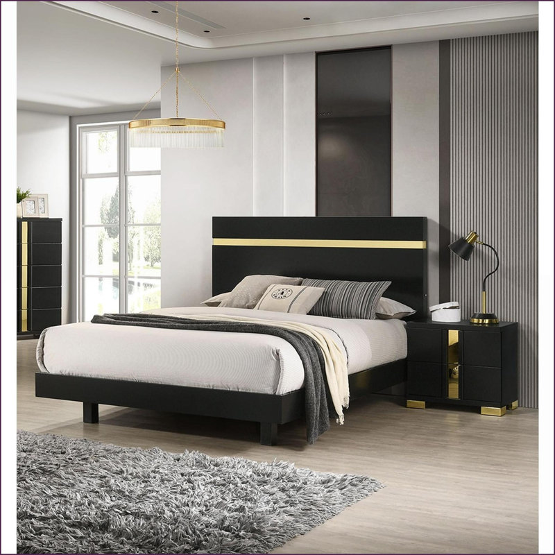 Ensemble de mobilier de chambre à coucher, grand lit 3 pièces noir / doré moderne avec DEL + 2 tables de chevet, bordure en acrylique | Bois d'ingénierie, métal | Lits standard