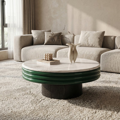 34.6" Round Marble Coffee Table with Fluted Green Base and Ash Wood Pedestal, Modern Luxury Centre Table
