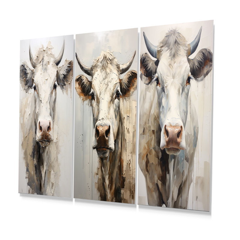 Minimalism Beige Cow Portrait - Cow Metal Prints Set Of 3, 28" H x 36" W