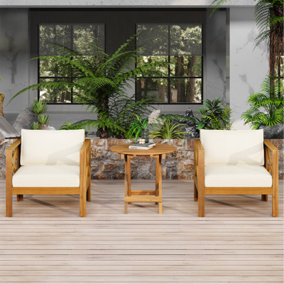 Patio Conversation Set, Outdoor Wood Conversation Seat(Set Of 2),Armchair With Cushions,Foldable Acacia Wood Side Table,Teak Finish,Beige Cushion