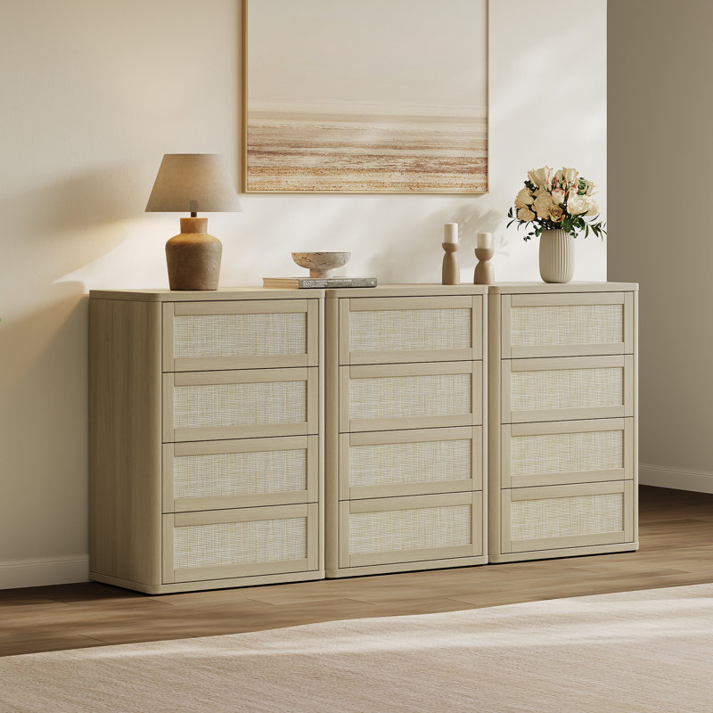 Commode 4 tiroirs Consiglia Boho-Rattan, Chêne sablé