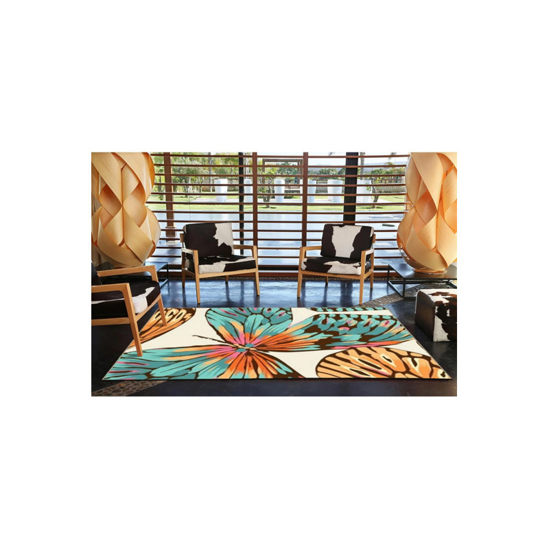 Tapis décoratif moderne à motif papillon abstrait turquoise, Rond 5 pi