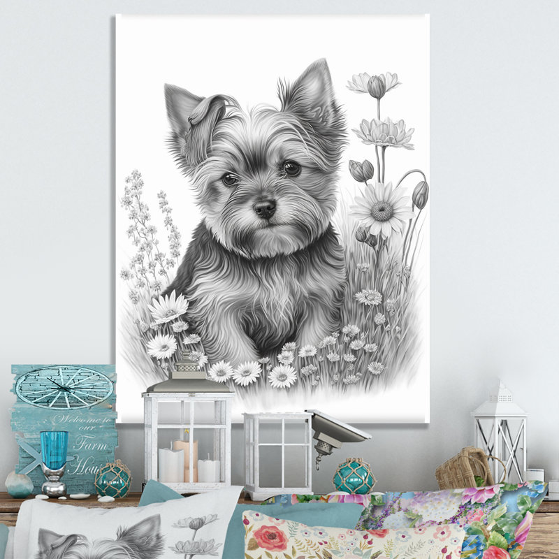 «Cute Yorkshire Dog with Flowers I», reproduction sur toile, L 12 po x H 20 po, Toile tendue