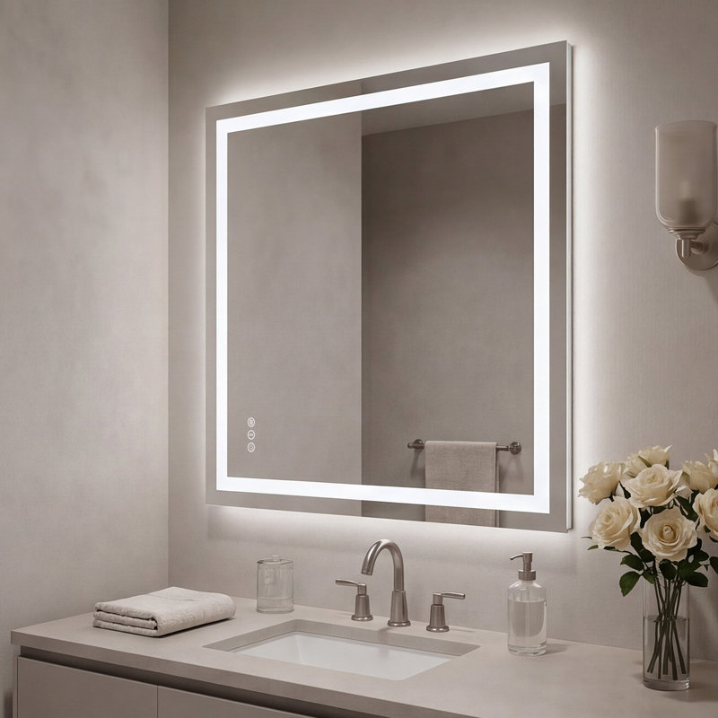 Miroir de salle de bain pour salle de bain, à DEL, anti-buée, rétroéclairé, fixé au mur, cadre blanc, 36 po x 36 po