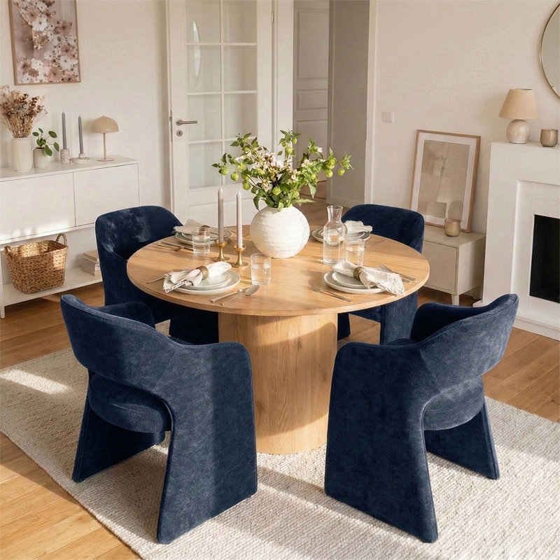4 - Person Dining Table Sets With Round Table & 4 Upholstered Chenille Chairs, Blue, Yellow