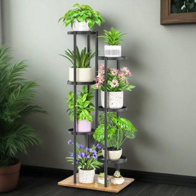 6-Tier Plant Stand For Indoor And Outdoor Use, Corner Metal Flower Pot Holder Shelf With Rustic Wood Trays, Space-Saving Vertical Display Rack For Patio, Balcony, Living Room, And Garden