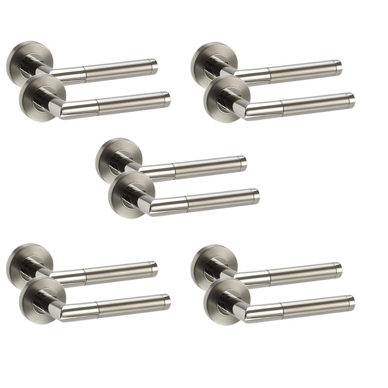5 Pairs Mitred Design Door Handles on Round Rose in Satin Nickel Polished Chrome Finish with 2.5" Tubular Latch - 52mm Diameter