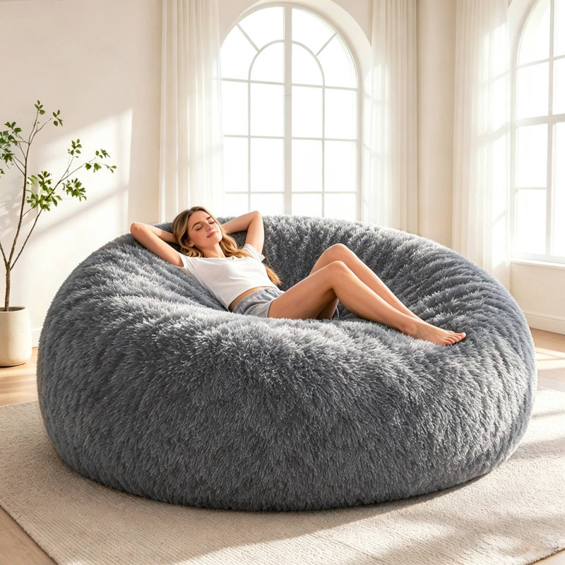 Fauteuil à billes géant de 6 pi, grand fauteuil à billes avec housse en fausse fourrure douce, emballage compressé, Gris