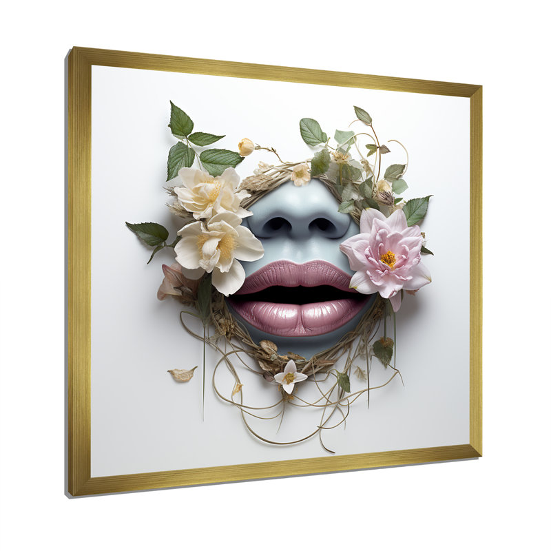 Floral Lips Silhouette I - art sur toile tendance, Cadre doré simple, H 36 po x l 36 po x P 1,5 po