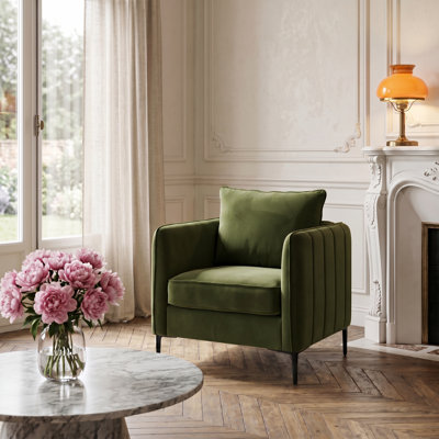 Fauteuil d'appoint pour le salon, fauteuil simple en velours et fauteuil Mid-Century moderne avec 1 coussin et pieds en métal pour la lecture dans le bureau de la chambre à coucher
