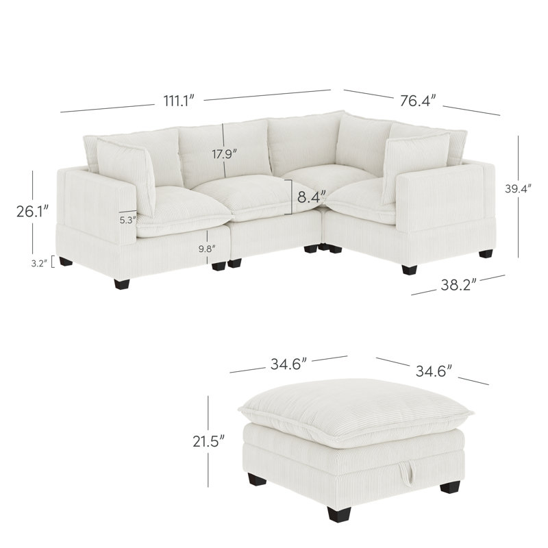 Somerdale Modern Upholstered Cloud Sectional With Ottoman, 39.4" H x 111.1" W x 76.4" D, Pearl White Corduroy
