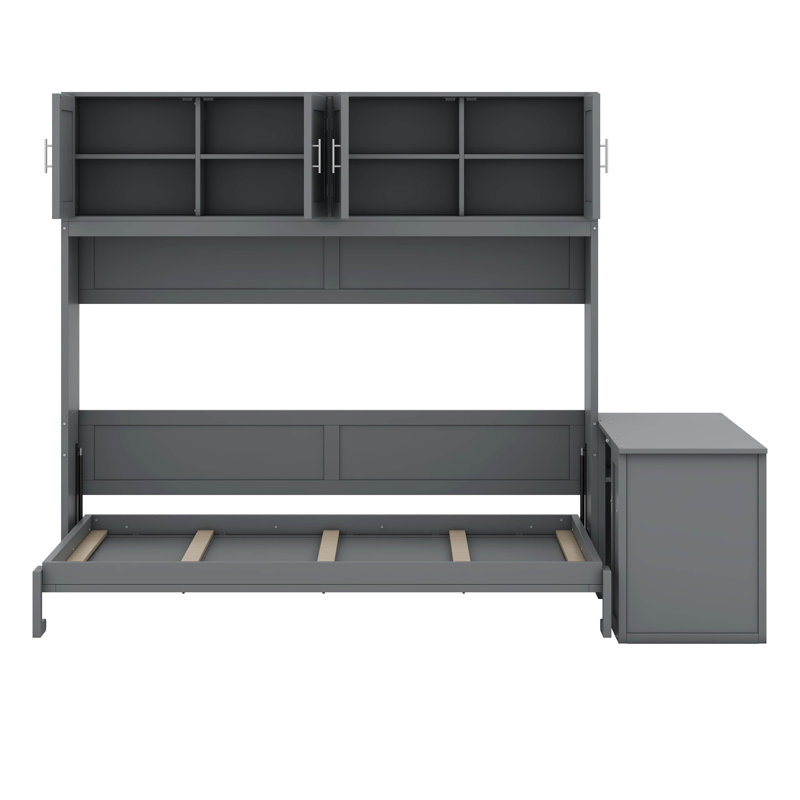 Grand lit escamotable mural avec bureau, tablettes et armoires, gris