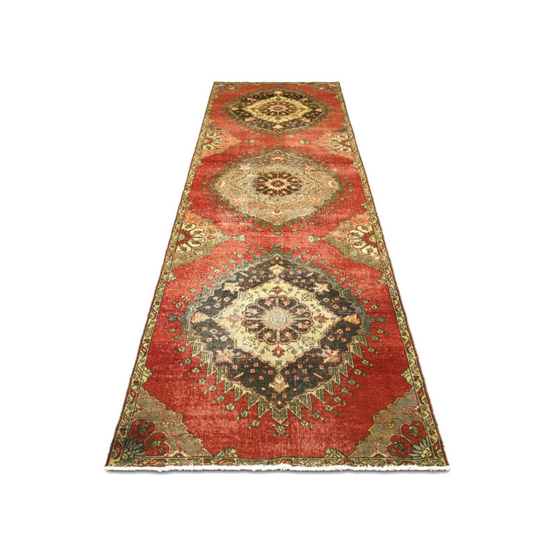 One-of-a-Kind Hand-Knotted 1960s 3'7" x 13' Runner Wool Area Rug in Red/Brown/Beige