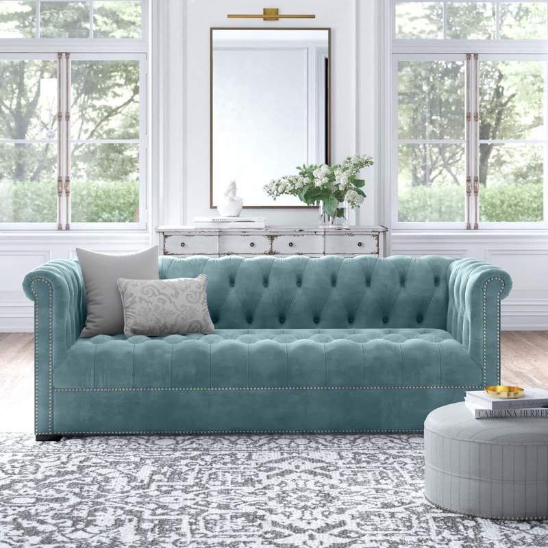 Heritage Upholstered Velvet Sofa, Gray Performance Velvet