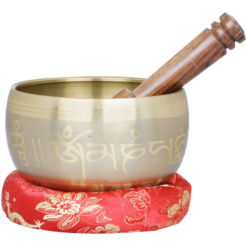 Bol chantant de 4 po sculpté avec des mantras propices et cinq bouddhas Dhyani en laiton | Fabriqué à la main | Fabriqué en Inde