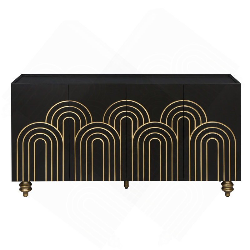 Modern Fluted Sideboard Buffet With Storage, Curve Element With Strict Lines, 4 Doors Storage Cabinet With Adjustable Shelves For Kitchen, Dining Room, Living Room (Black)