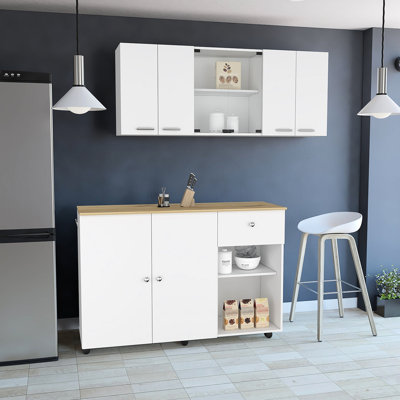 White 2 Piece Kitchen - Island Cart + 150 Wall Cabinet Glass. And Particle Board, Efficient Interlocking, Pre-drilled For Rapid Setup Work Collection Robust Seamless Holes Trouble- Assembly