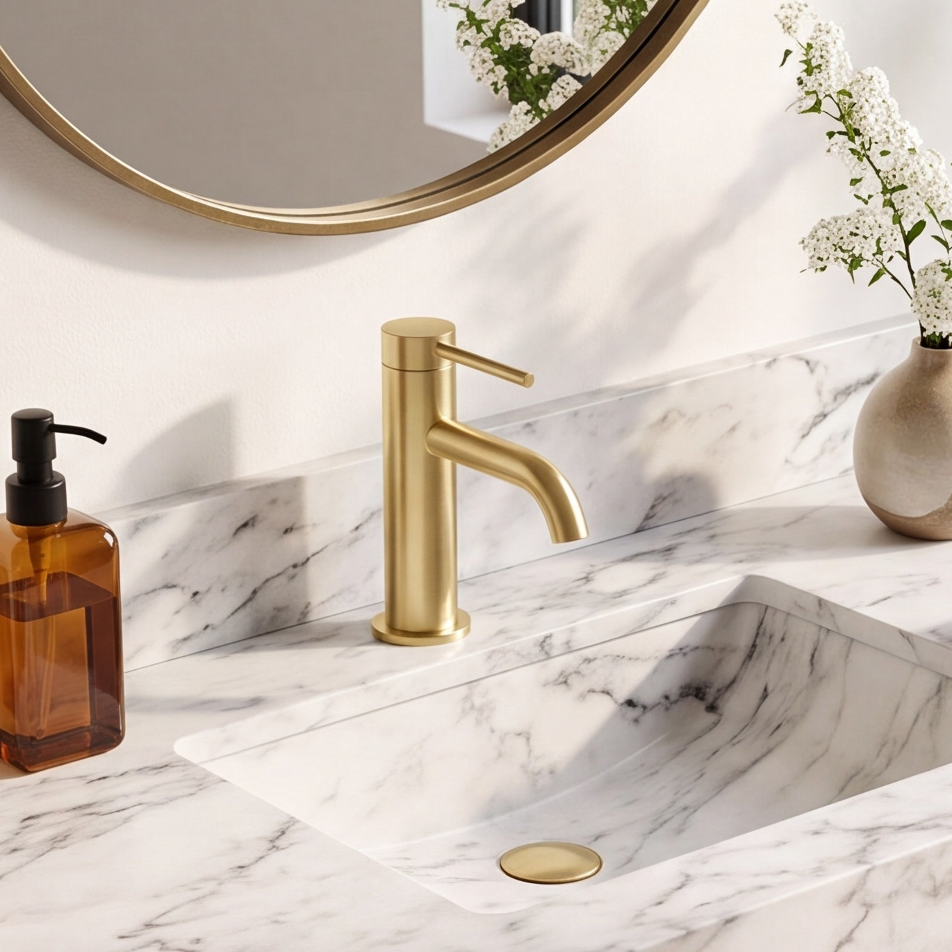 Circular Single-Hole Bathroom Faucet, Drain Assembly Included, Brushed Gold