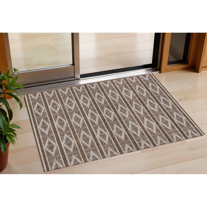 3' X 5' Brown And Beige Geometric Washable Indoor Outdoor Area Rug