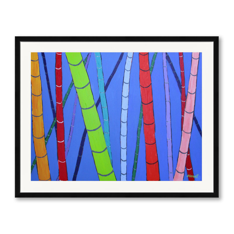 Bambou sur bleu par Sue Graef - Peinture, Papier avec cadre noir, H 25,25 po x l 31,25 po
