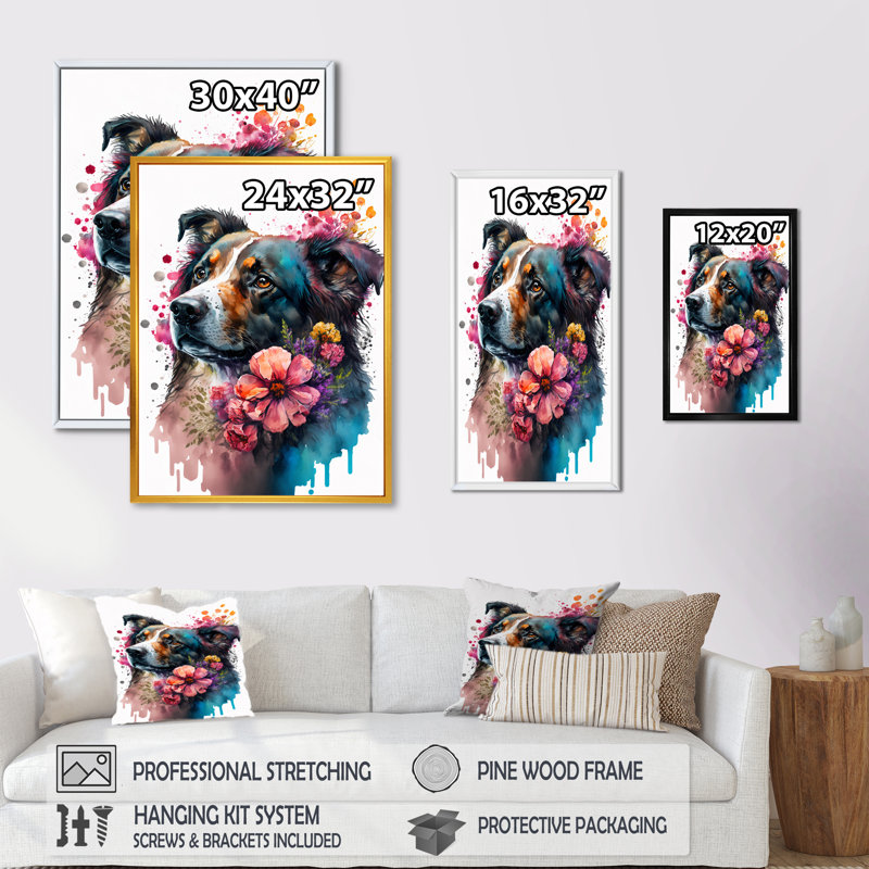 «Cute Dog Floral II», impression sur toile, H 32 po x l 24 po x P 1 po, Toile avec cadre flottant or