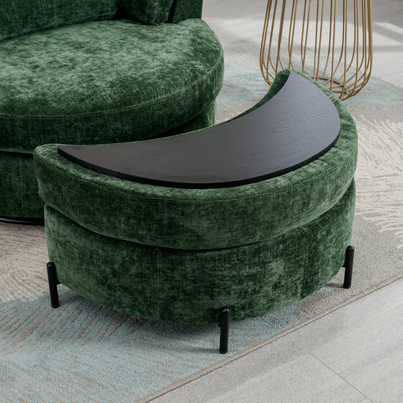 Green Chenille Swivel Barrel Chair with Ottoman