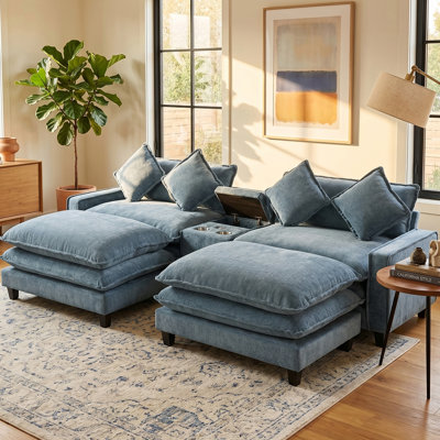 111" Sectional Sofa Chenille Upholstered Sofa With Two Removable Ottoman, Two USB Ports, Two Cup Holders And Large Storage Box For Living Room, Light Blue