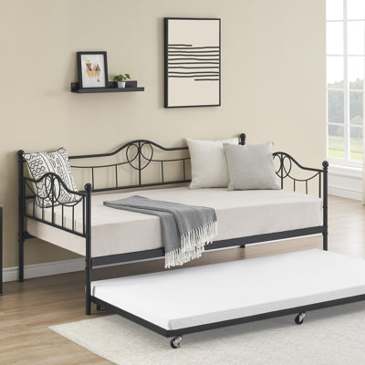 Vintage Metal Daybed with Pull-Out Trundle - Twin Size Sofa Bed Frame - Sturdy Steel Slats, Easy Assembly - Space Saving Solution for Kids, Teens, Adults - Guest or Living Room - 500lb Capacity - Black +Get out of bed set, TWIN
