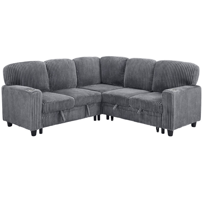 Convertible Sectional Sofa With Pull out bed, Grey Corduroy Fabric Upholsteried, L-Shaped Couch With  Storage, Cup Holders,Usb Charging, Reversible Living Room Set