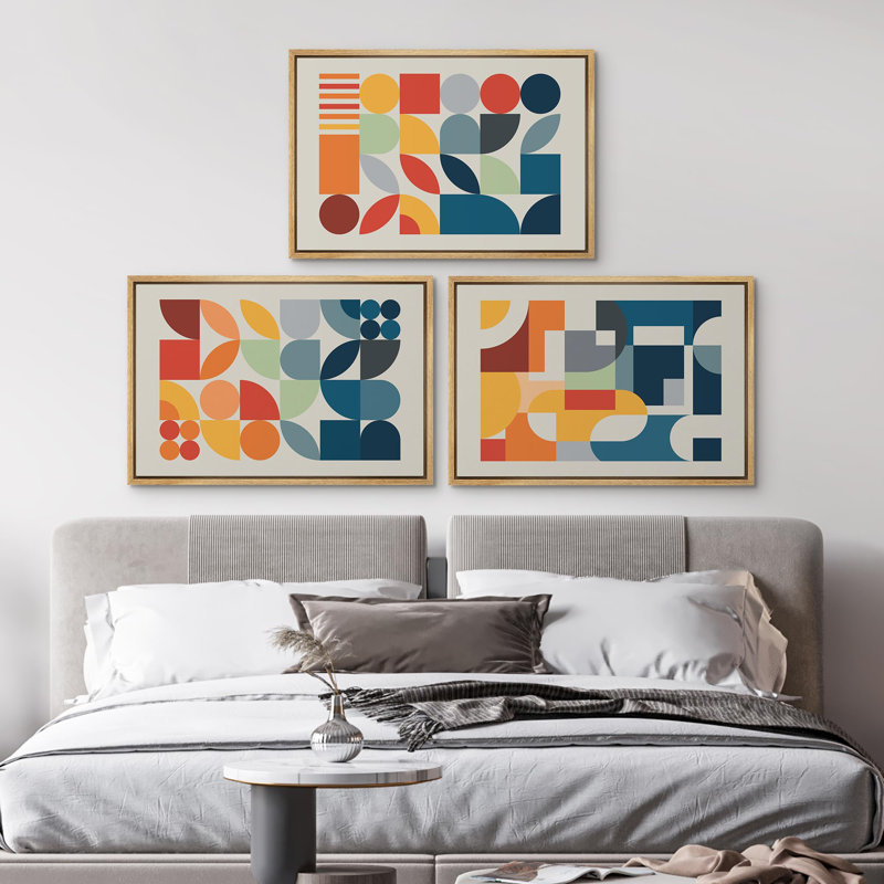 Abstract Vibrant Color Blocks " Bright Orange Mid-Century Modern Retro Shape Polygon " 3 - Pieces, 24" H x 36" W