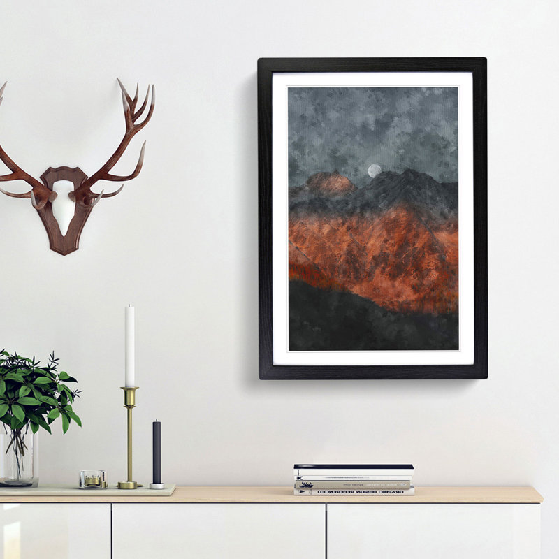 Moon over the Red Mountains in Italy - Picture Frame Painting Print, 87cm H x 62cm W x 2cm D, Black Framed