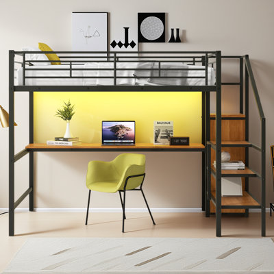 Lit mezzanine moderne en métal pleine grandeur avec bureau, escalier de rangement, petite armoire et lumière DEL