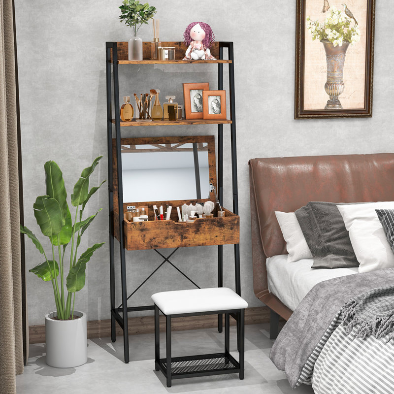 Ensemble coiffeuse et miroir de maquillage Efren, Rustic / Noir